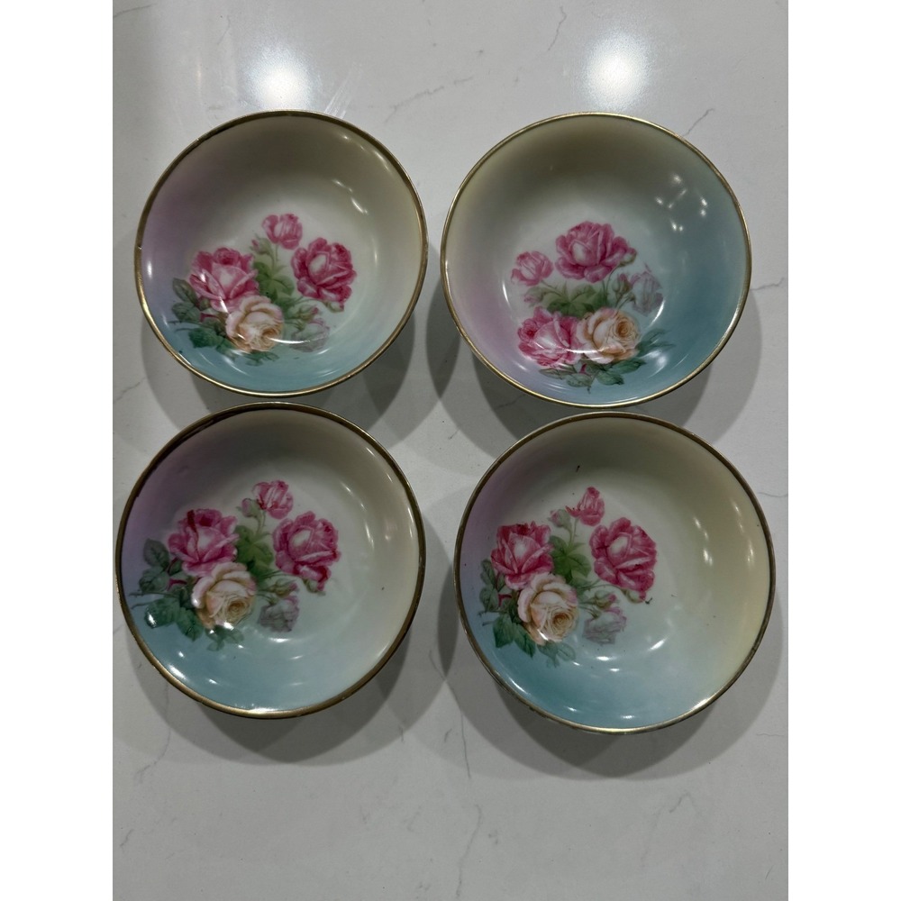 Vintage Bavaria Porcelain Floral Rose Bowls Set of 4 Gold Rim Pink Blue German
